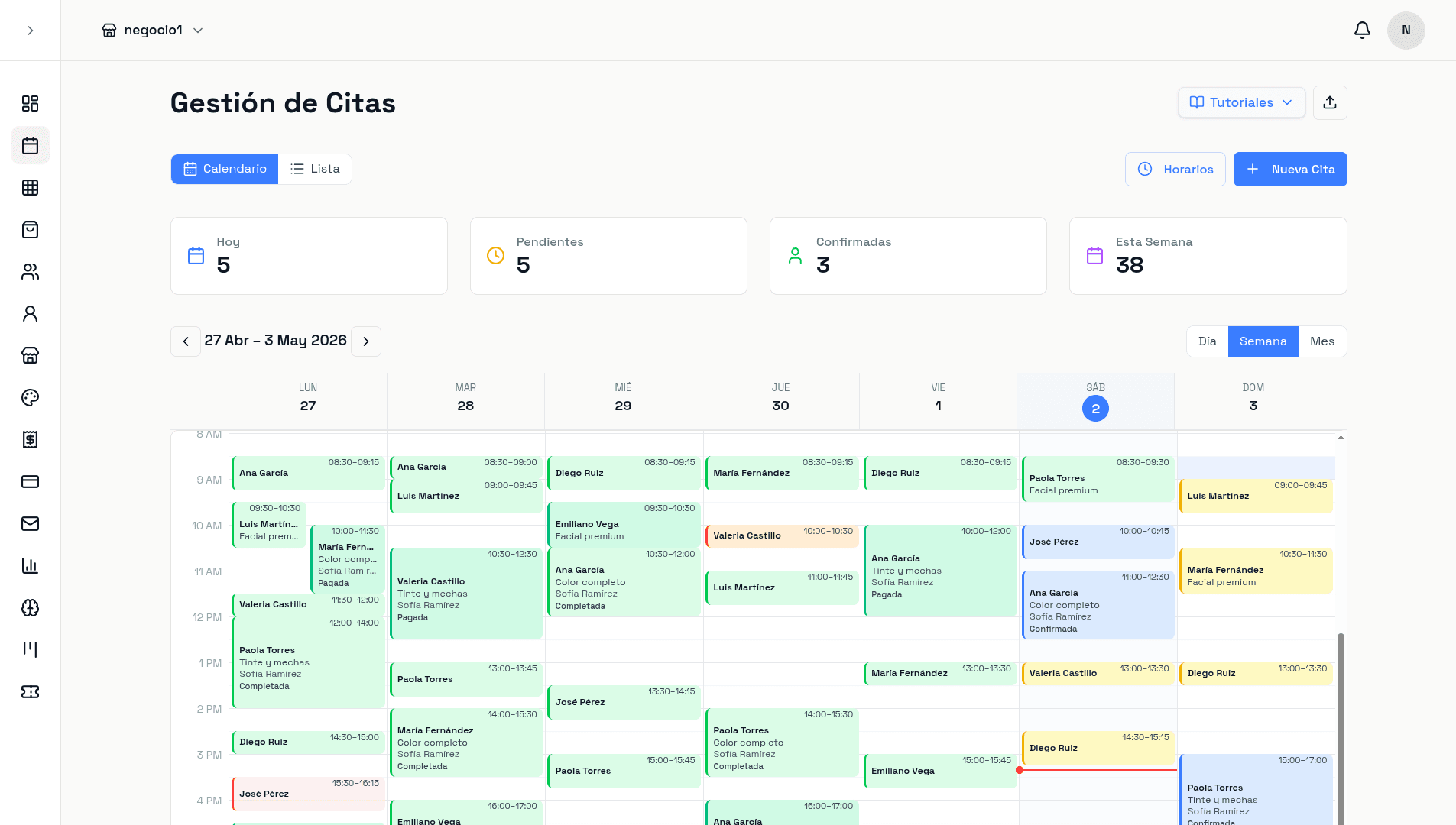 Vista semanal del calendario de citas en Chambifly